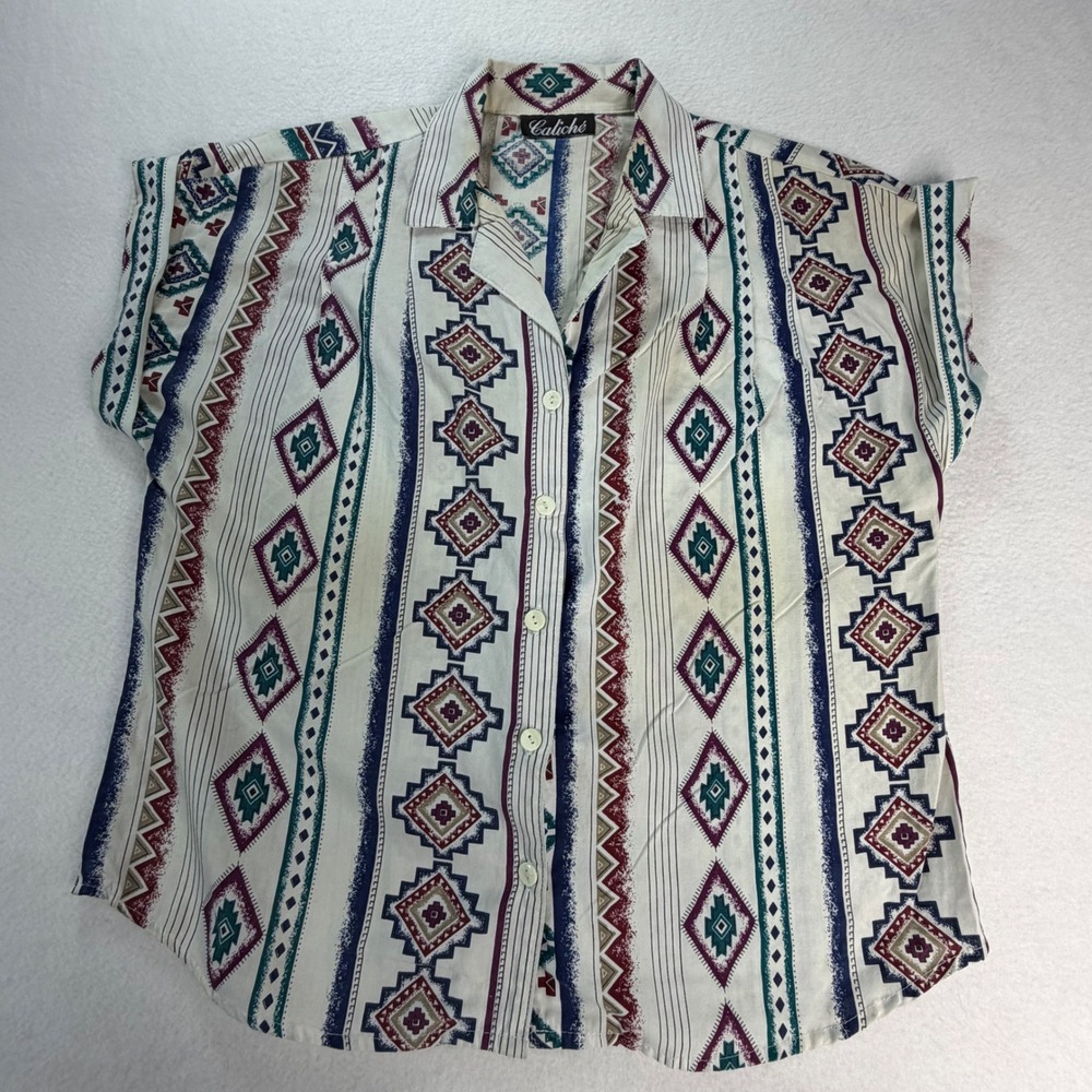 VTG Caliche Southwestern Geometric Print Short Sleeve Button Down Shirt NO SIZE